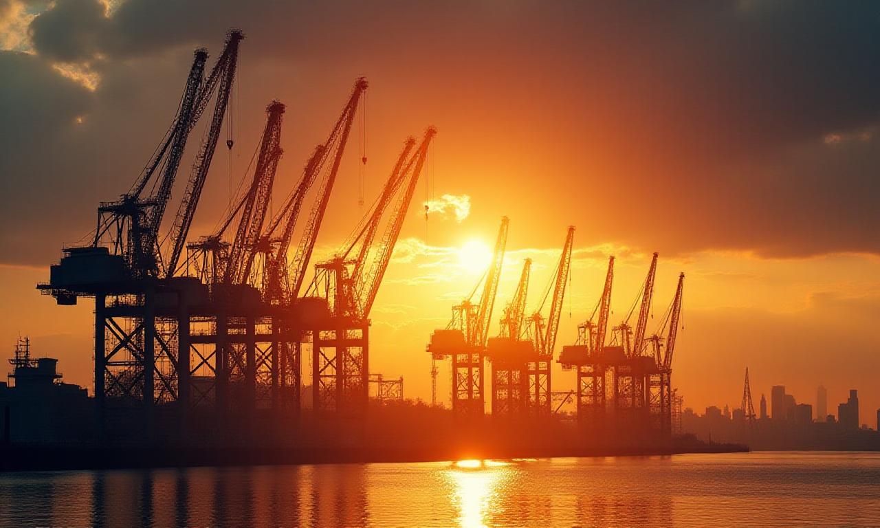 Large scale marine construction site with cranes at sunrise